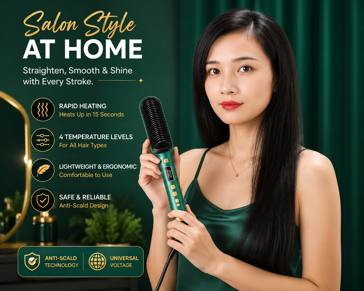 2-in-1 Fast Heating Hair Straightener Comb | Anti-Scald Electric Straightening Brush