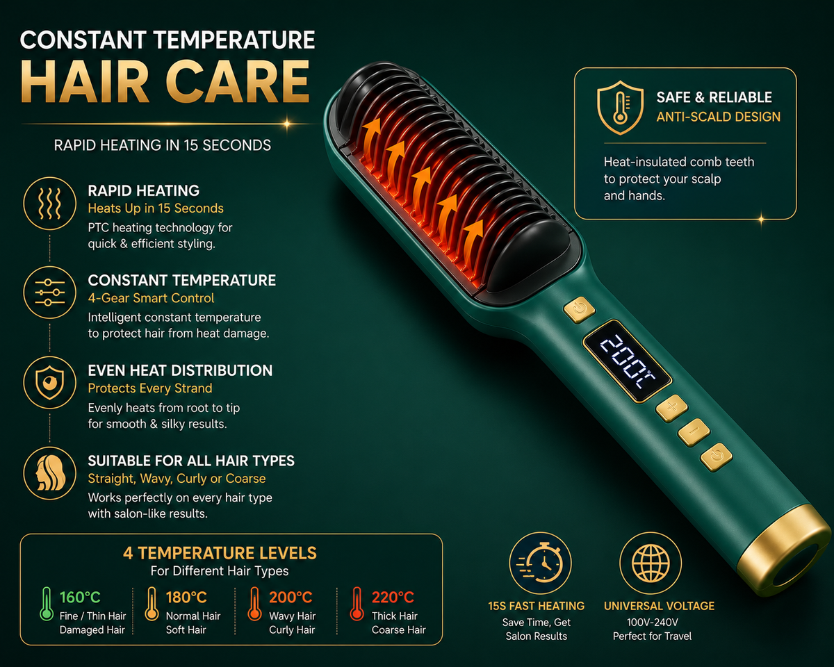 2-in-1 Fast Heating Hair Straightener Comb | Anti-Scald Electric Straightening Brush