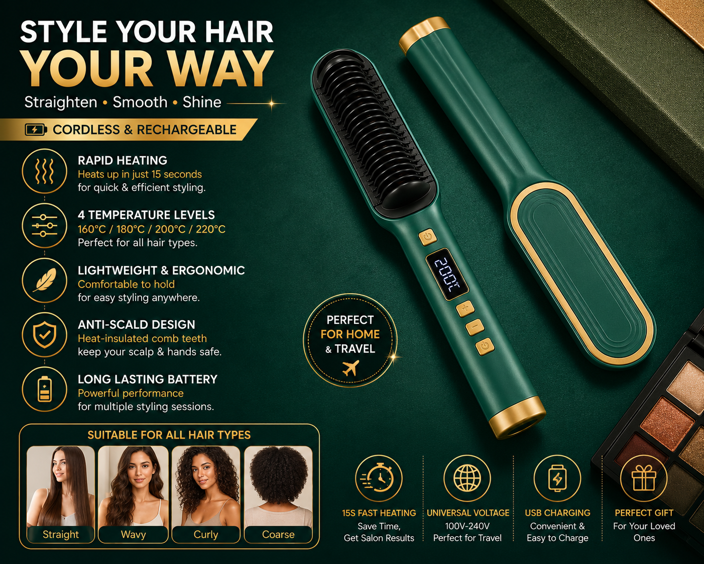 2-in-1 Fast Heating Hair Straightener Comb | Anti-Scald Electric Straightening Brush