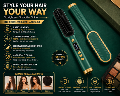 2-in-1 Fast Heating Hair Straightener Comb | Anti-Scald Electric Straightening Brush