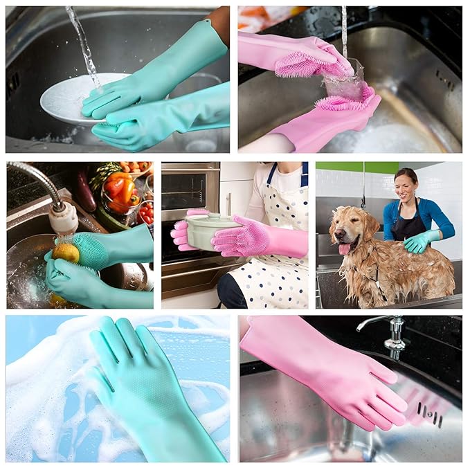 Silicone Cleaning Gloves | Reusable Scrubbing Gloves with Built-In Brushes
