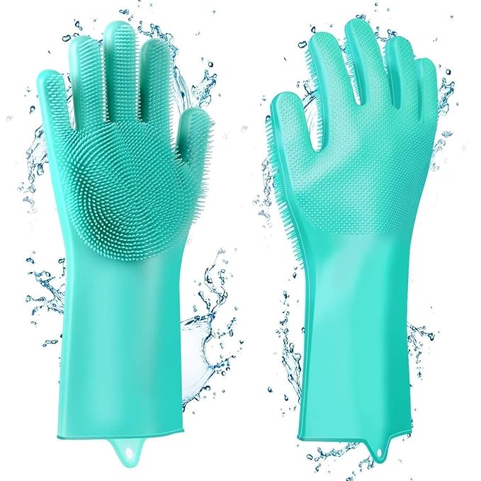 Silicone Cleaning Gloves | Reusable Scrubbing Gloves with Built-In Brushes