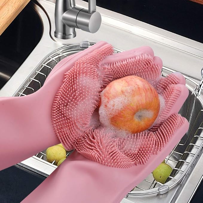 Silicone Cleaning Gloves | Reusable Scrubbing Gloves with Built-In Brushes