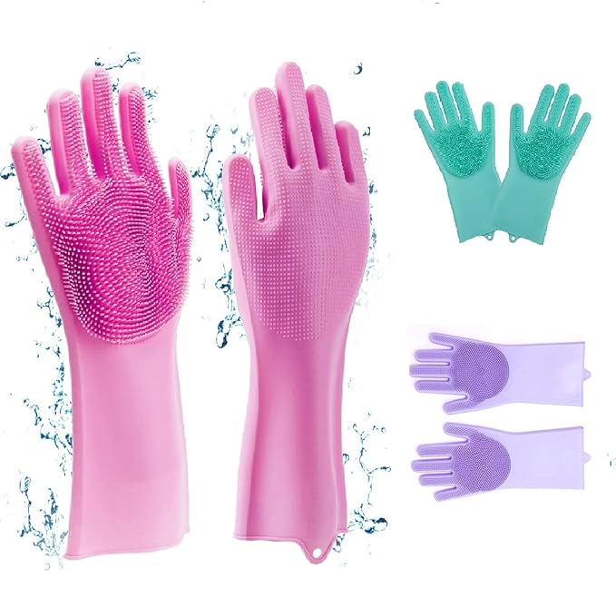 Silicone Cleaning Gloves | Reusable Scrubbing Gloves with Built-In Brushes