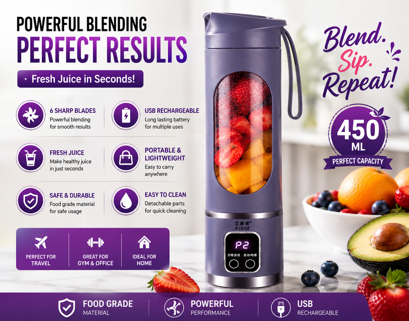 Portable USB Rechargeable Blender Juicer | Fresh Juice Maker Bottle 450ml