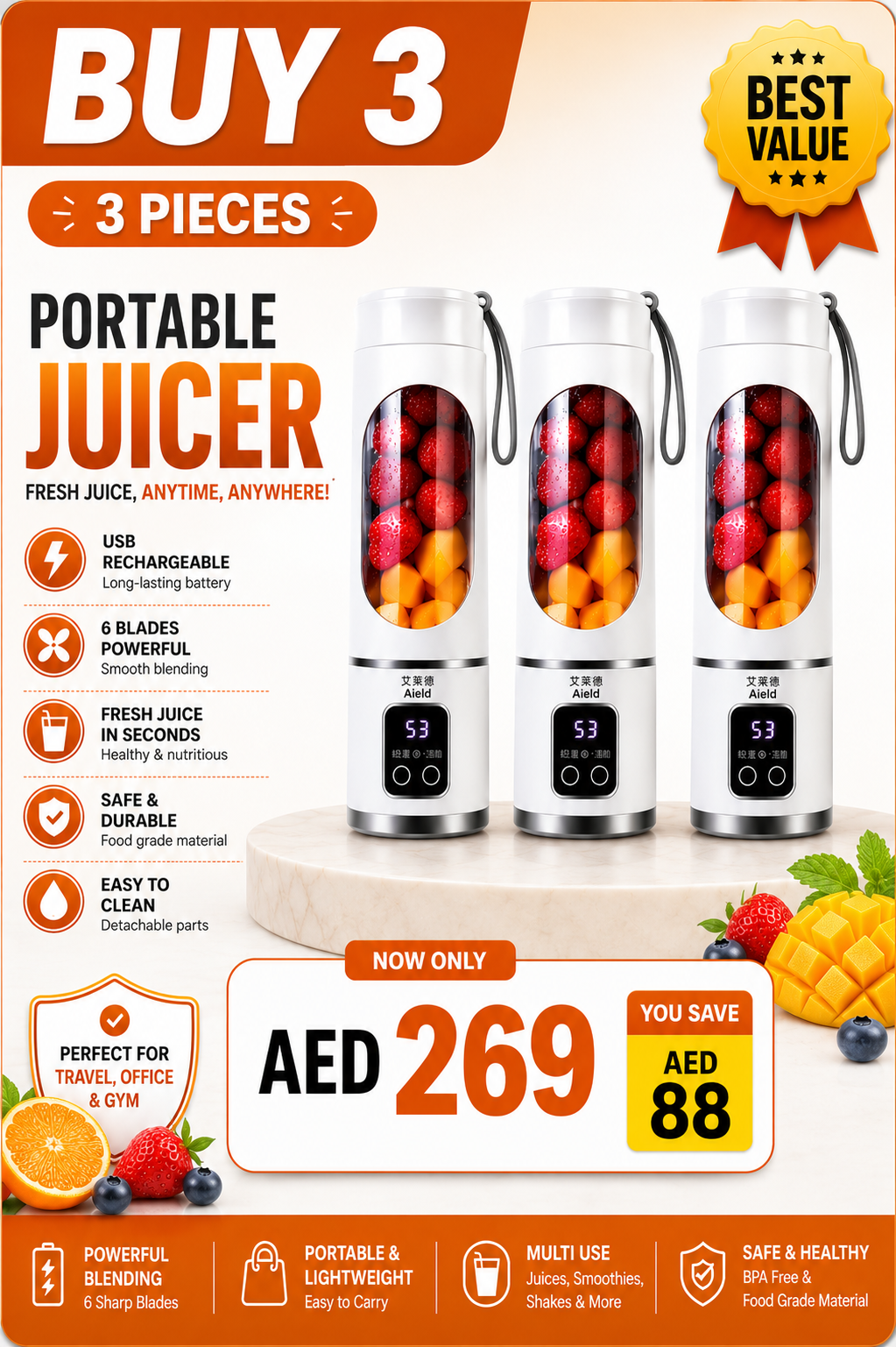Portable USB Rechargeable Blender Juicer | Fresh Juice Maker Bottle 450ml