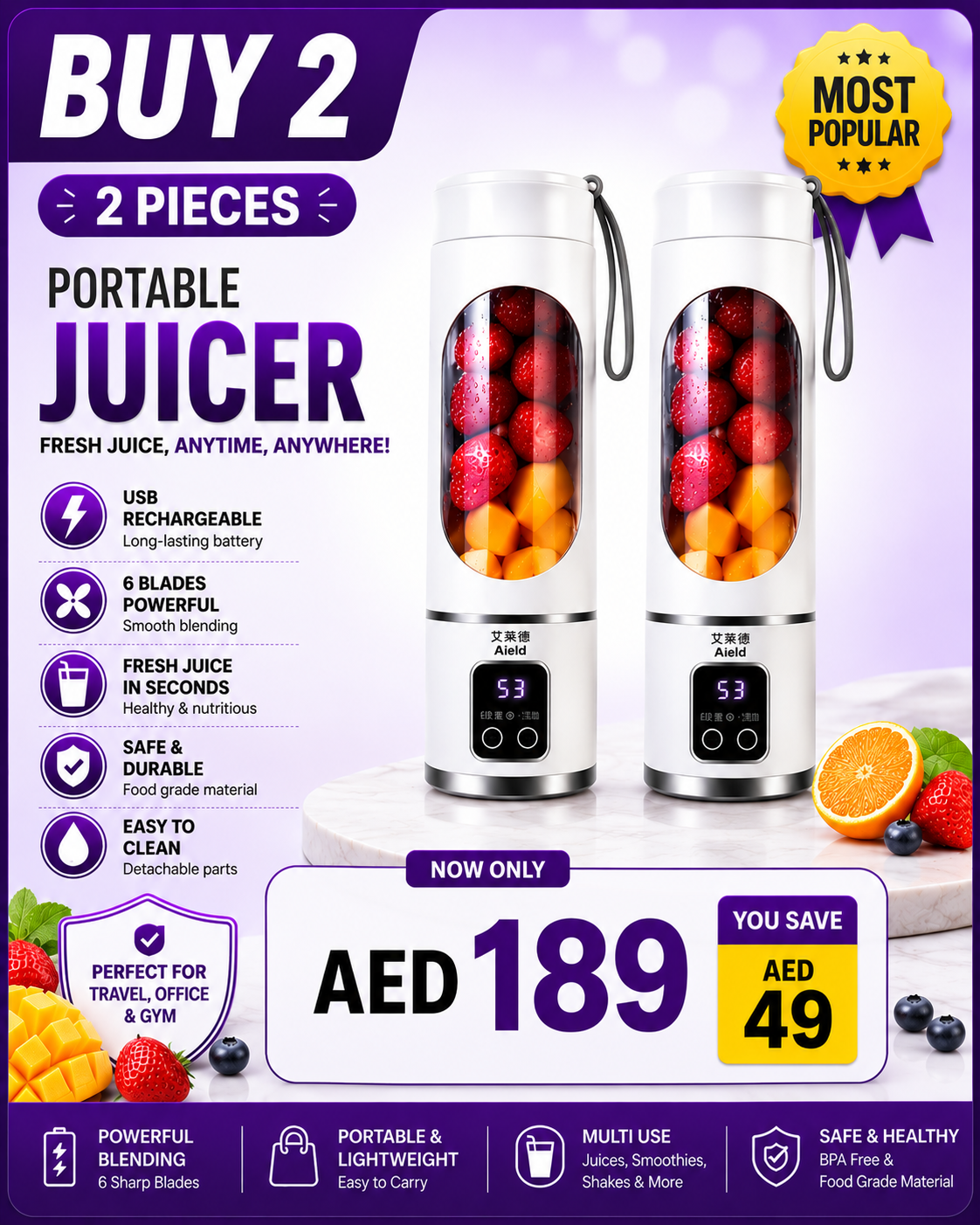 Portable USB Rechargeable Blender Juicer | Fresh Juice Maker Bottle 450ml