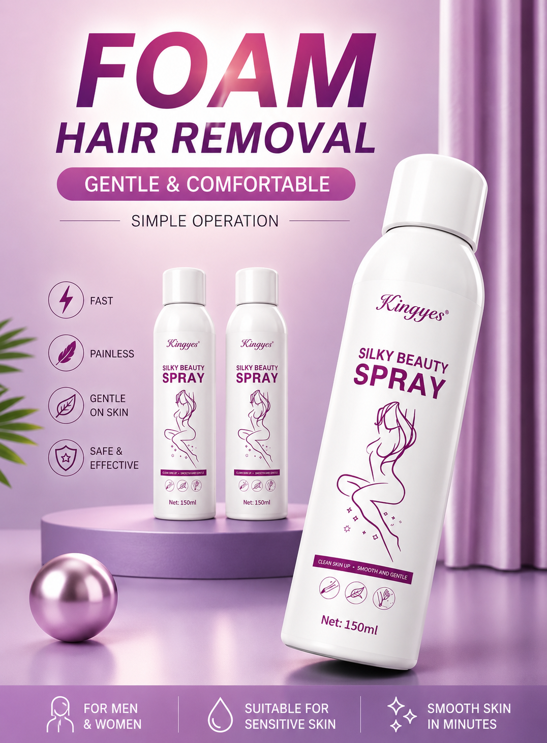 Silky Beauty Hair Removal Spray | Fast & Painless Hair Removal Foam for Men & Women (150ml)
